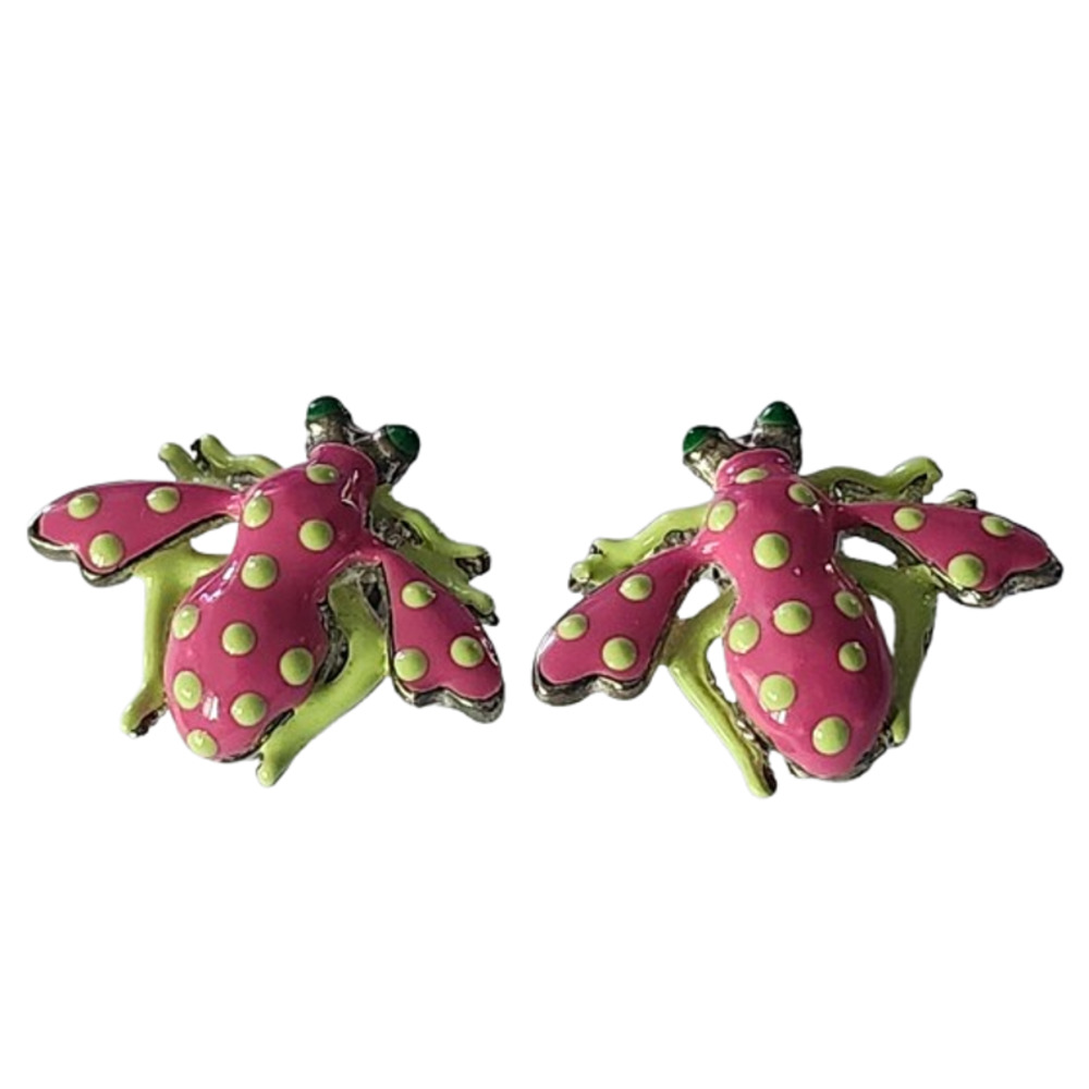 Vtg Nancy Katz Signed Enamel Pink Green Bug Insect Shoe Clips